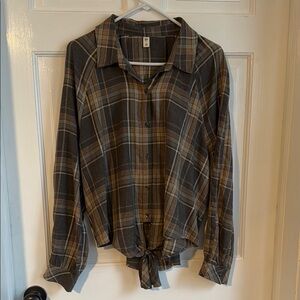 Brown and Cream Long Sleeve Button Down Shirt with Notched Collar and Tie Front